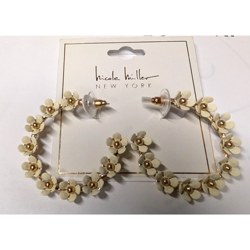 NICOLE MILLER White Gold Flower Daisy Hoop 2" Earrings